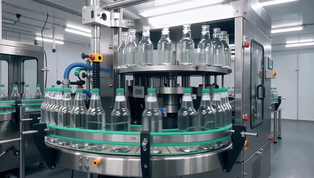 Seamless automated bottling plant operation filling glass bottles inside a modern cleanroom facility with green-capped containers moving on a belt