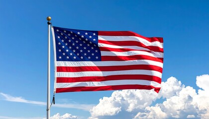 American Flag Waving Proudly Against a Vibrant Blue Sky with Fluffy White Clouds.