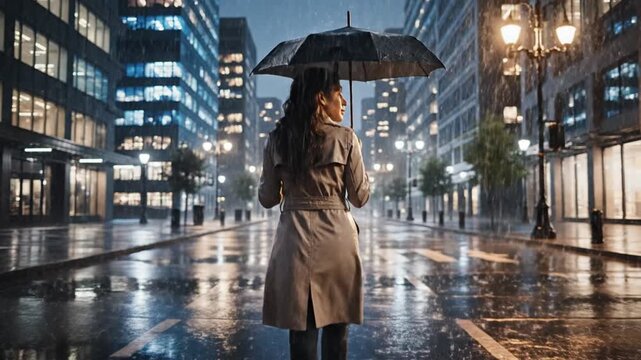 Woman holding umbrella standing on wet city street at night with buildings and streetlights in background, looking lonely