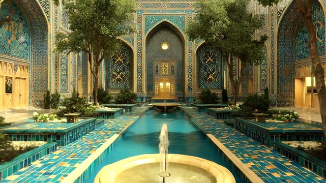 Tranquil Courtyard with Reflecting Pool and Intricate Architecture.
