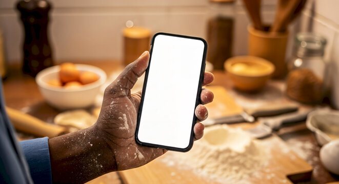Person holding a smartphone with a blank screen in a kitchen setting.