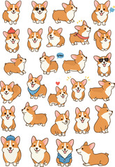Fototapeta premium Cute Pixel Art Corgi Dog Collection With Various Poses And Accessories