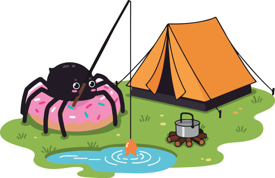 Cute Spider Fishing with Donut in Tent Camp Minimalist Pixel Art