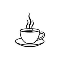 Obraz premium Steaming hot coffee cup and saucer, vector illustration, simple line drawing, isolated on white background, for mockup or icon use, coffee cup or tea cup