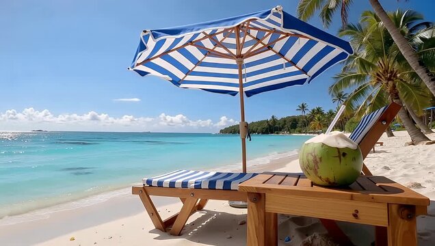 Serene tropical beach scene with a striped umbrella and lounge chair inviting relaxation on a sun-drenched sandy shore beside tranquil turquoise