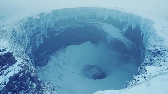 A vast circular crater forms on frozen ground as permafrost thaws causing the earth to collapse and creating a deep depression in the arctic landscape