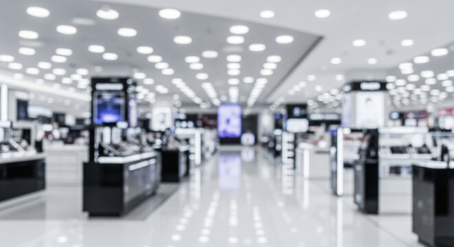 Brightly lit aisle in a contemporary retail store with glowing display screens, presented as a soft focus technology background