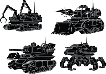 Obraz premium Four futuristic black and white mechanical vehicles with treads tank excavator