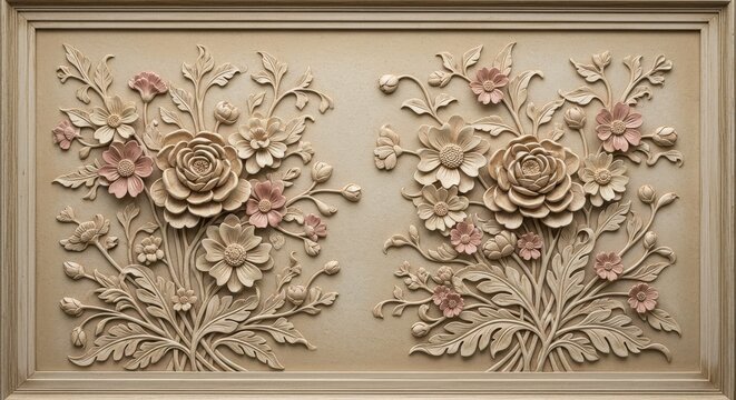 Floral embossed bas relief artwork decorative panel with roses and leaves ornate textured vintage background antique