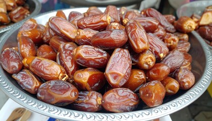 Fototapeta premium Plump, glossy dates fill a textured metal bowl