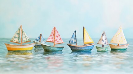 Naklejka premium A charming collection of miniature hand painted wooden sailboats with patterned sails float gently on shimmering blue water under a bright sky