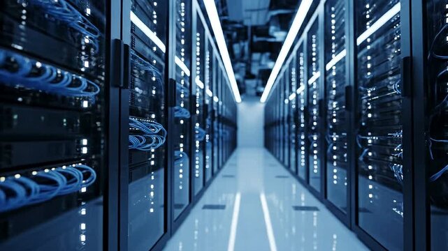 Rows of illuminated server racks filled with blinking status lights and bundled blue ethernet cables suggesting massive data center infrastructure and digital connectivity for computing.