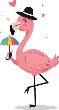 Happy Pink Flamingo Wearing Black Hat Holding Colorful Umbrella Isolated