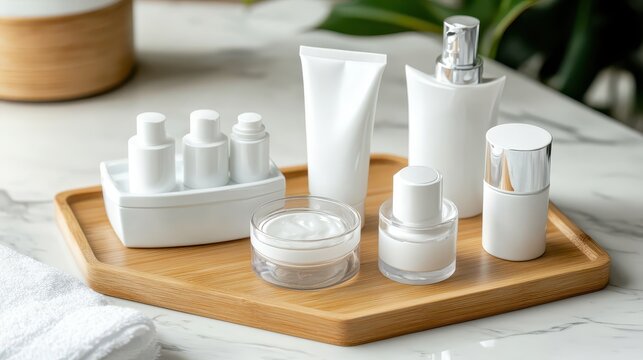 A collection of essential white skincare products neatly arranged on a wooden tray