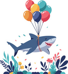 Naklejka premium Happy Shark Floating With Balloons And Festive Confetti In A Colorful Underwater Garden
