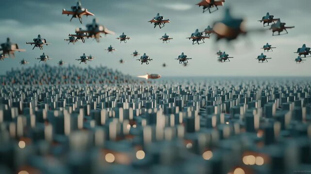 Future war concept. Future war drone missile city skyline attack smoke over dense skyscraper grid as autonomous aircraft swarm, rocket flame and explosion technology signal sci fi conflict