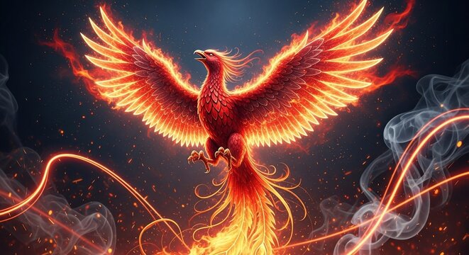 Fiery Phoenix Rising: Majestic Bird with Flaming Wings and Smoke Trails