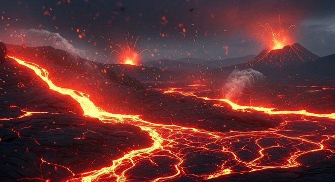 Fiery Volcanic Landscape: Molten Lava Flowing Under a Dark Sky with Explosions