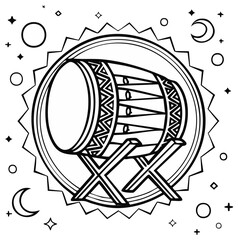 Traditional Islamic musical drum decorated with geometric patterns on a stand with crescent moons and stars