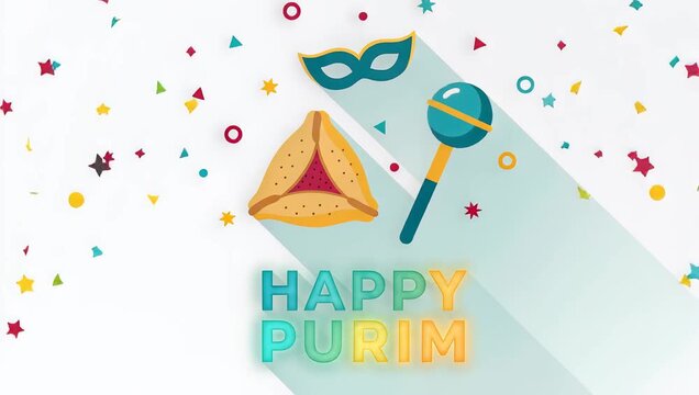 Happy Purim festive card with cheerful design and festive symbols on white background