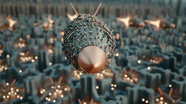 Future war concept. Futuristic drone swarm missile assault over city skyline, aerial combat above megacity dusk haze, cyber circuit rocket weapon technology, future war defense attack scene