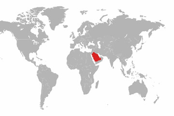 Obraz premium Full 2D World Map Vector with Saudi Arabia Highlighted in Green - Professional Middle East Geography 