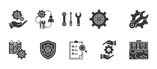 Obraz premium Maintenance and Repair glyph icon set collection . Icon pack contain Maintenance, Repair, Wrench, Gear, Machine repair, Inspection, Service schedule, Preventive maintenance,