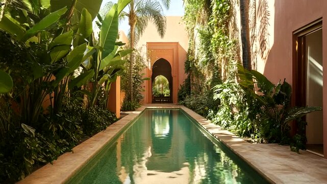 Tranquil Moroccan Courtyard Oasis with Long Swimming Pool and Lush Greenery.