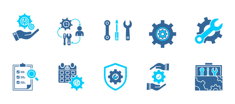 Maintenance and Repair  icon set collection . Icon pack contain Maintenance, Repair, Wrench, Gear, Machine repair, Inspection, Service schedule, Preventive maintenance. dual tone vector.
