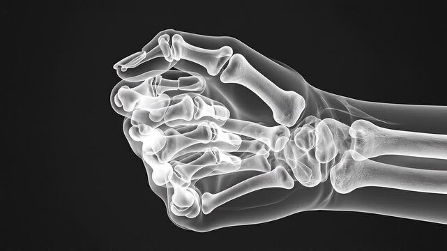 X-ray of human hand bones fingers slowly curling inward as the hand closes into a fist