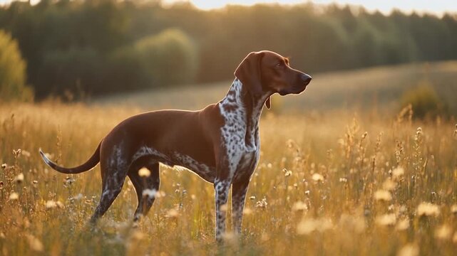 A brown and white dog stands alert in a sunlit field of tall grass and wildflowers, looking right, with trees in the background