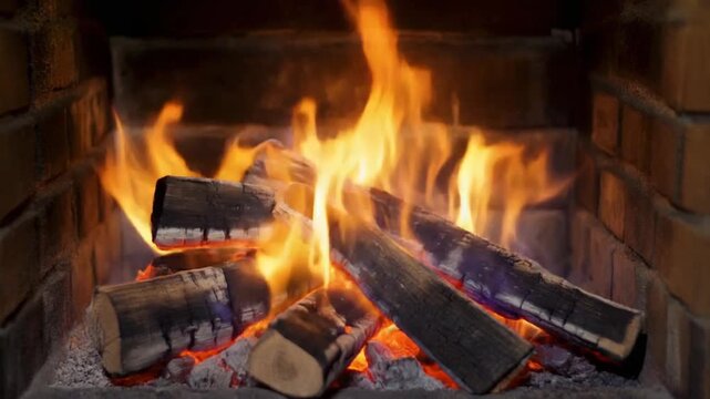 A burning fire with logs in a brick fireplace, flames rising high in the background