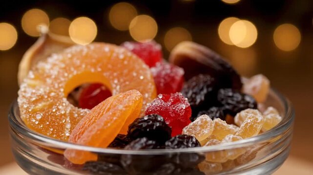 Sweet Dried Fruit Mix Spoonful Bokeh Lights.