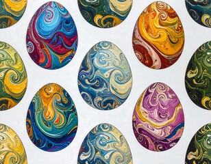 Colorful, abstract egg pattern on a plain white backdrop