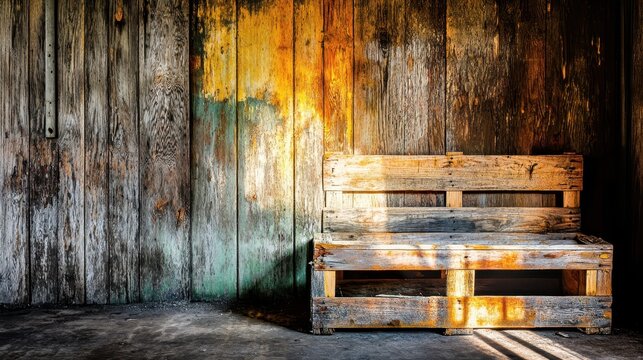 A weathered wooden pallet bench sits against a textured, aged wood wall with visible grain and shadows