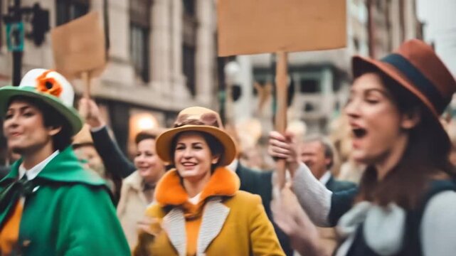 St. Patrick's Day, Elderly Caucasian man with white beard smiles joyfully while participating in a festive parade, surrounded by cheerful participants in colorful attire and hats