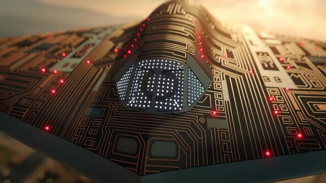 Future war concept. Futuristic drone circuit board stealth aircraft city skyline over sunset cloud, cinematic megacity surveillance flight, red light circuitry, golden hour haze, defense sci fi