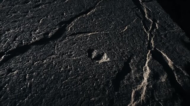 A textured dark stone monolith with prominent cracks and rough surface