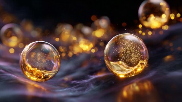 Enchanting Golden Bubbles: A Mesmerizing Visual of Floating Spheres Capturing Light and Sparkles in a Dreamlike Atmosphere of Magic and Mystery