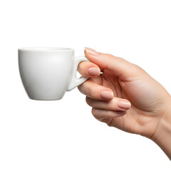 Hand holding white teacup isolated on transparent background