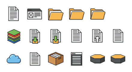 A collection of diverse digital icons representing documents, folders, storage, and cloud technology, ideal for interface design and data management