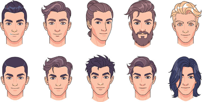 Set of male character avatars with diverse trendy hairstyles including undercut man bun beard buzz cut and long hair on grey background