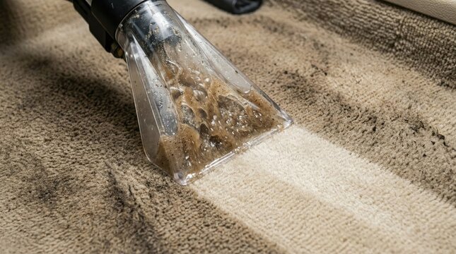 Professional carpet extractor tool cleaning dirty beige rug