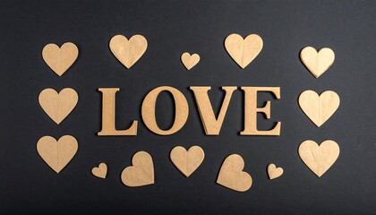 Golden Love Word and Hearts Arrangement on Dark Background.