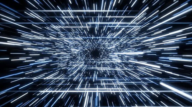 Streaking lines of blue and white light zoom into darkness, creating a tunnel effect