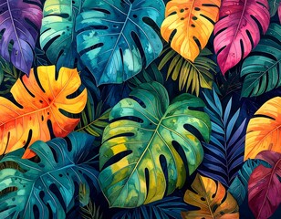 Colorful watercolor depiction of tropical monstera and palm leaves