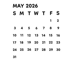 May 2026 Clean Calendar Typography with Bold Black Letters, Minimal Monthly Date Layout Isolated on Transparent Background for Planner, Branding, Print, and Digital Use