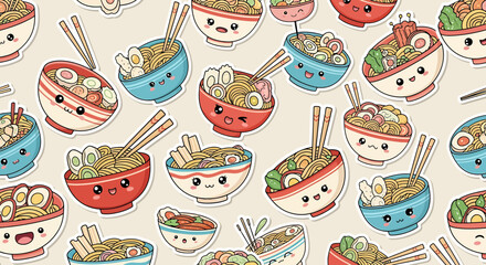 Kawaii Ramen Bowl Pattern, Cute Japanese Noodle Soup Characters, Food Illustration