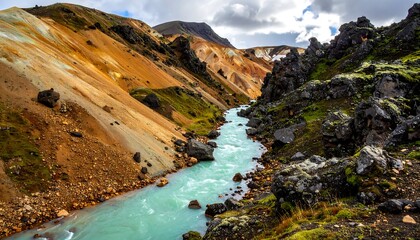 Obraz premium Vibrant Turquoise River Flows Through Dramatic Icelandic Highlands Landscape.