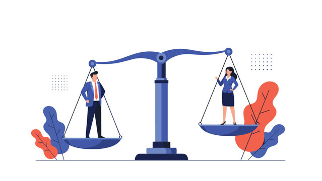 Businessman and businesswoman stand on a giant balance scale representing gender equality and professional fairness in a corporate workplace environment.